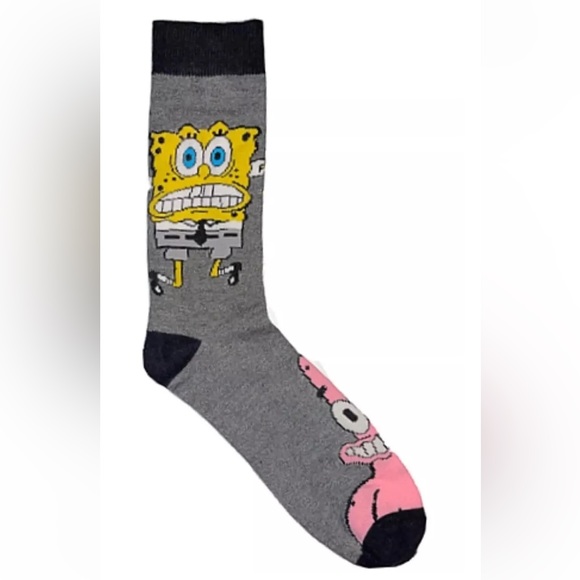 SpongeBob & Patrick Crew Socks 1 Pair Men 6.5-12 Gray Yellow Pink w Bob Pat NEW! - Picture 2 of 11